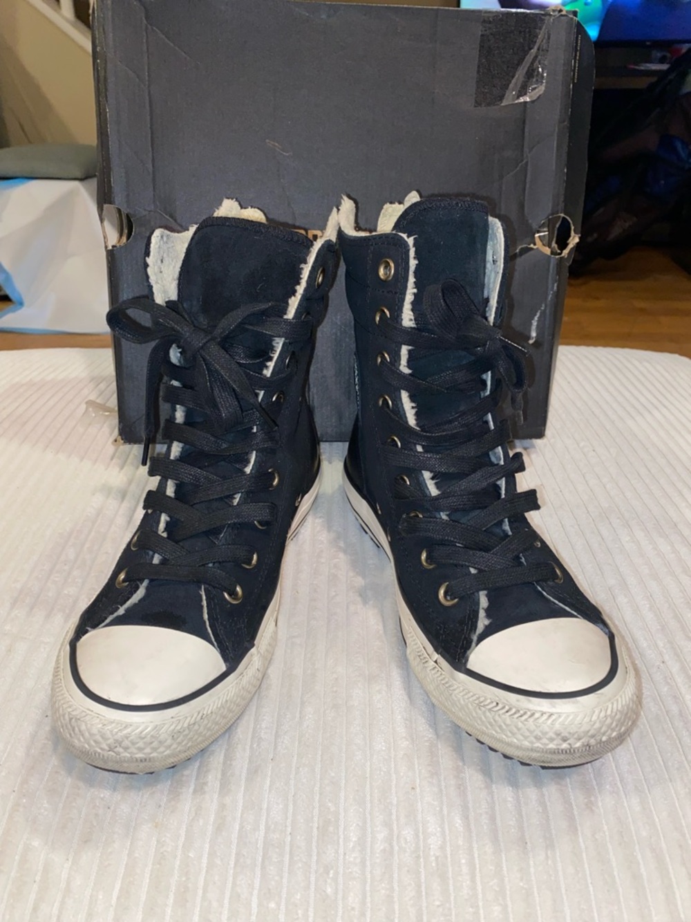 Converse Black High-Top Sneakers with White Toe Caps and Faux Shearling Trim